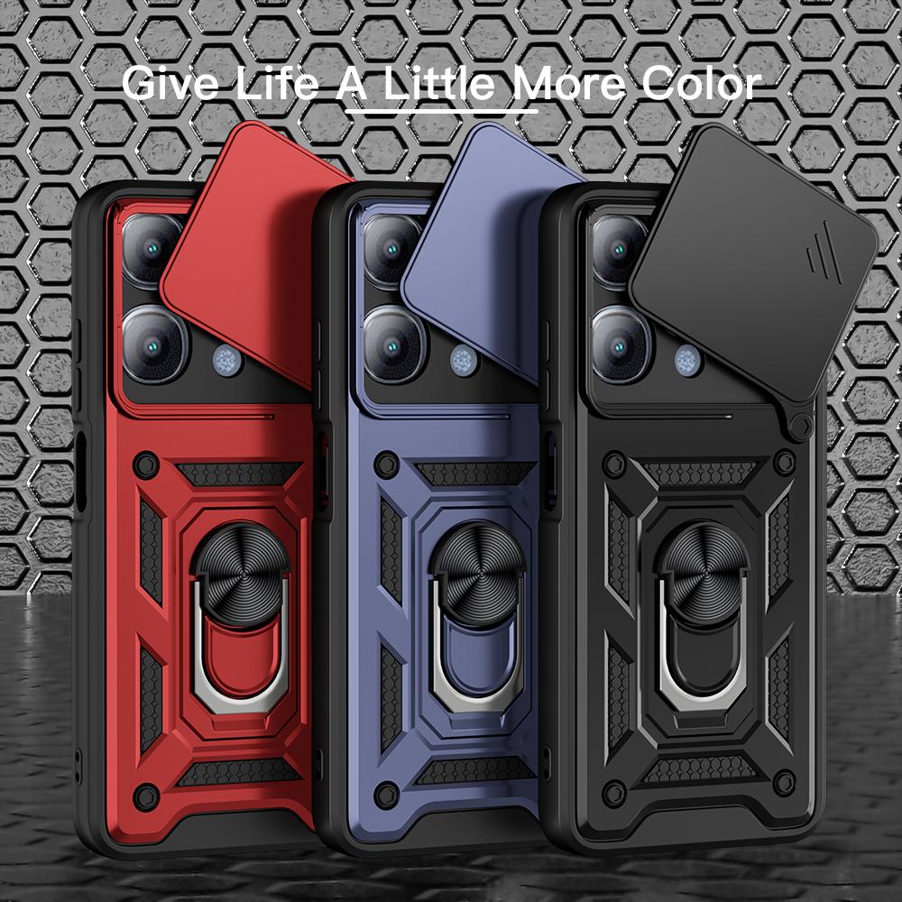 KEYSION Shockproof Armor Case for Itel A90 4G Silicone+PC Slide Camera Lens Protection Ring Stand Phone Back Cover for Itel A90