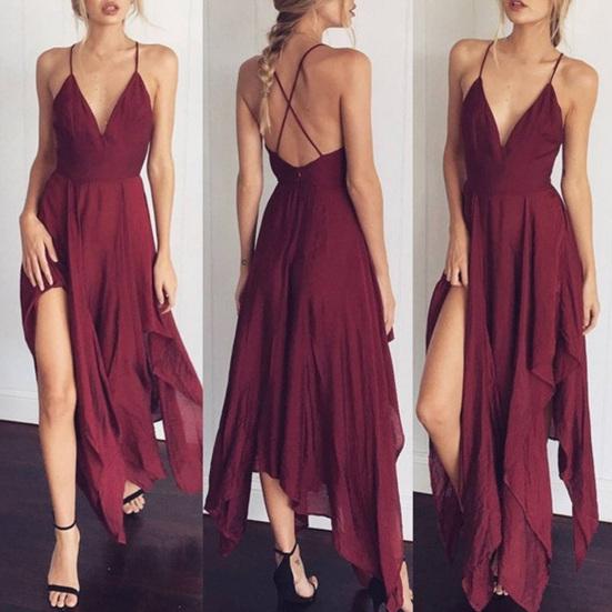 Women Prom Dress Deep V Neck Low Cut Sleeveless Backless Spaghetti Strap Dress-up Cross Back Irregular Hem Wedding Dress Women Clothes