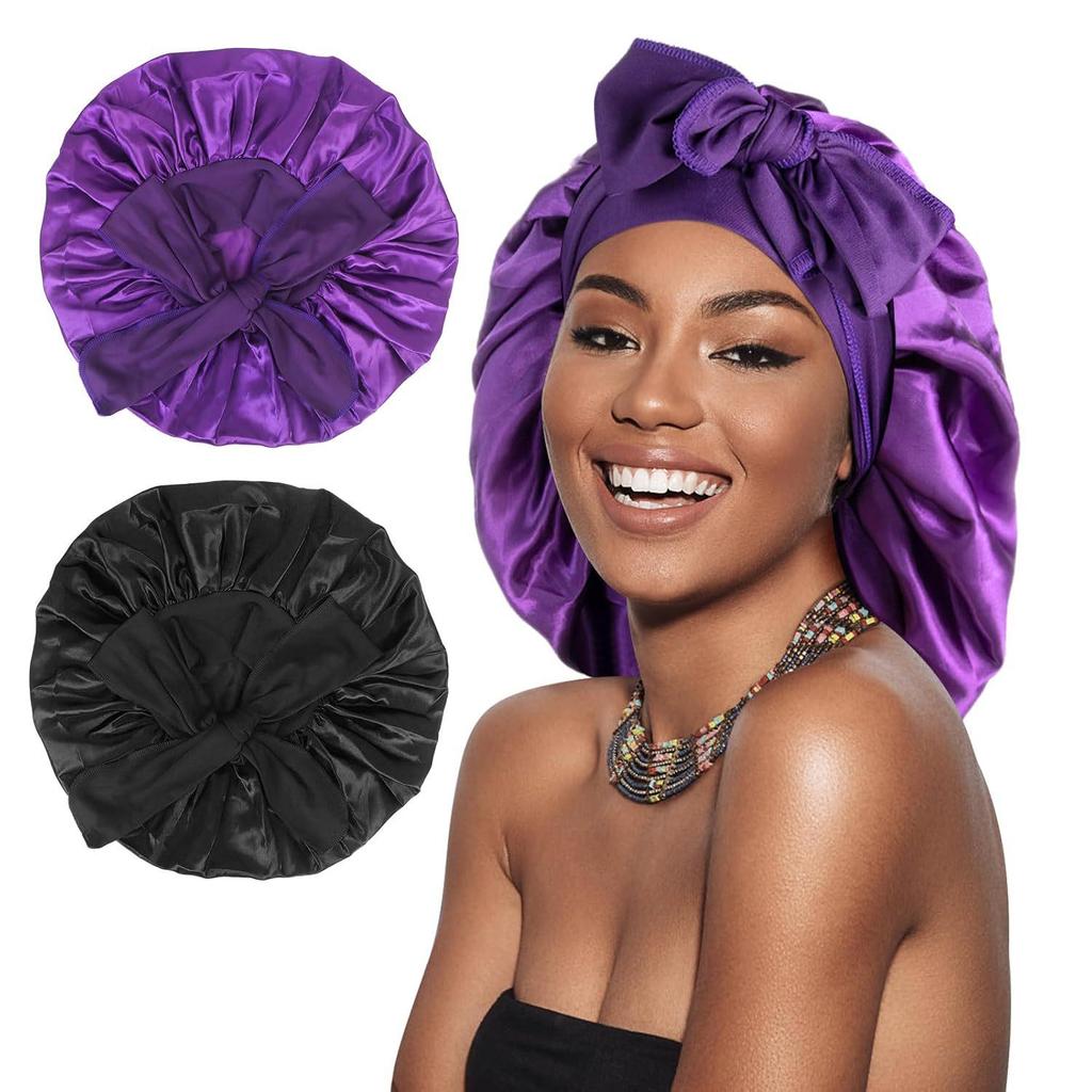 Women's Satin Sleep Cap with Elastic Ribbon - Large Hair Protection Cap for Home Use
