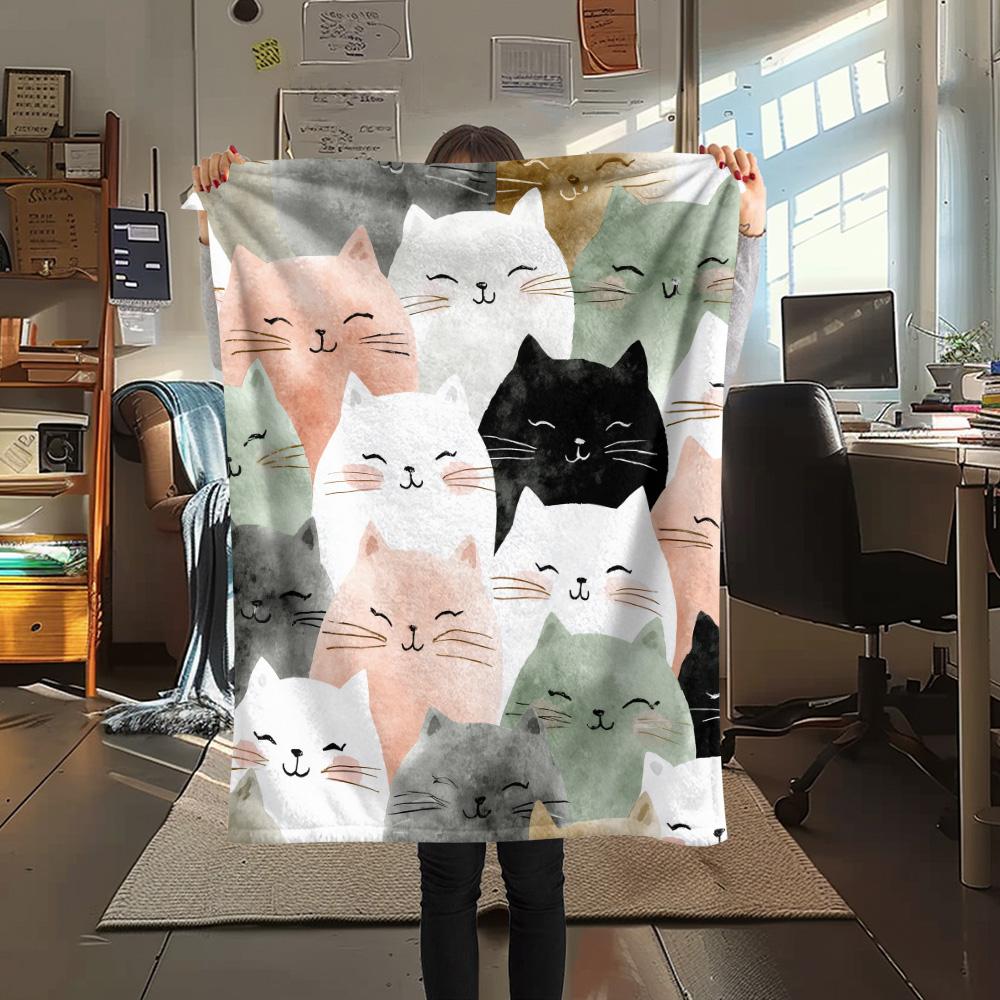Cat Heads  Print Flannel Blanket, High Quality Comfortable for All Seasons, Home Decor, Warmth and Comfort