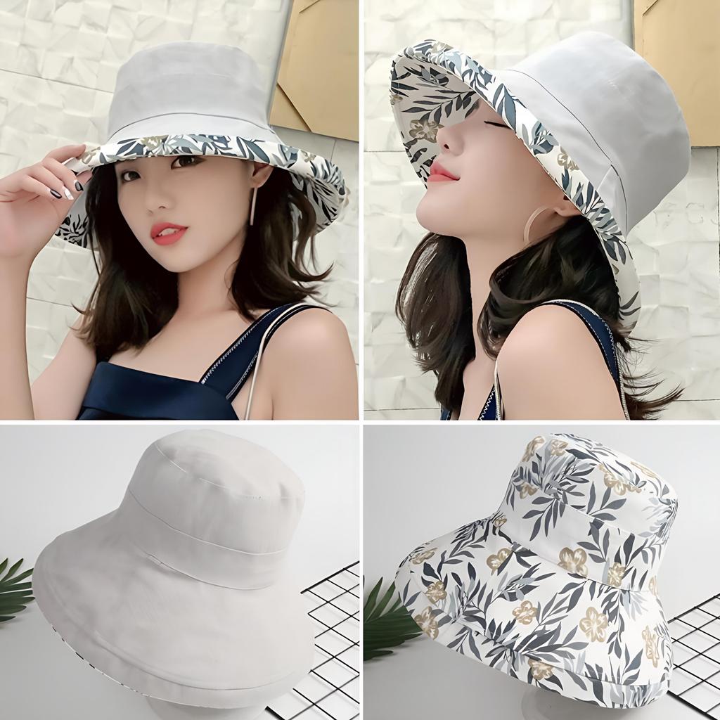 Wide Brim Cotton Summer Hat Women Packable Reversible Floral Bucket Hat UV Sun Protection Wide Brim Summer Beach Cap Double Sided Floppy Sun Hats