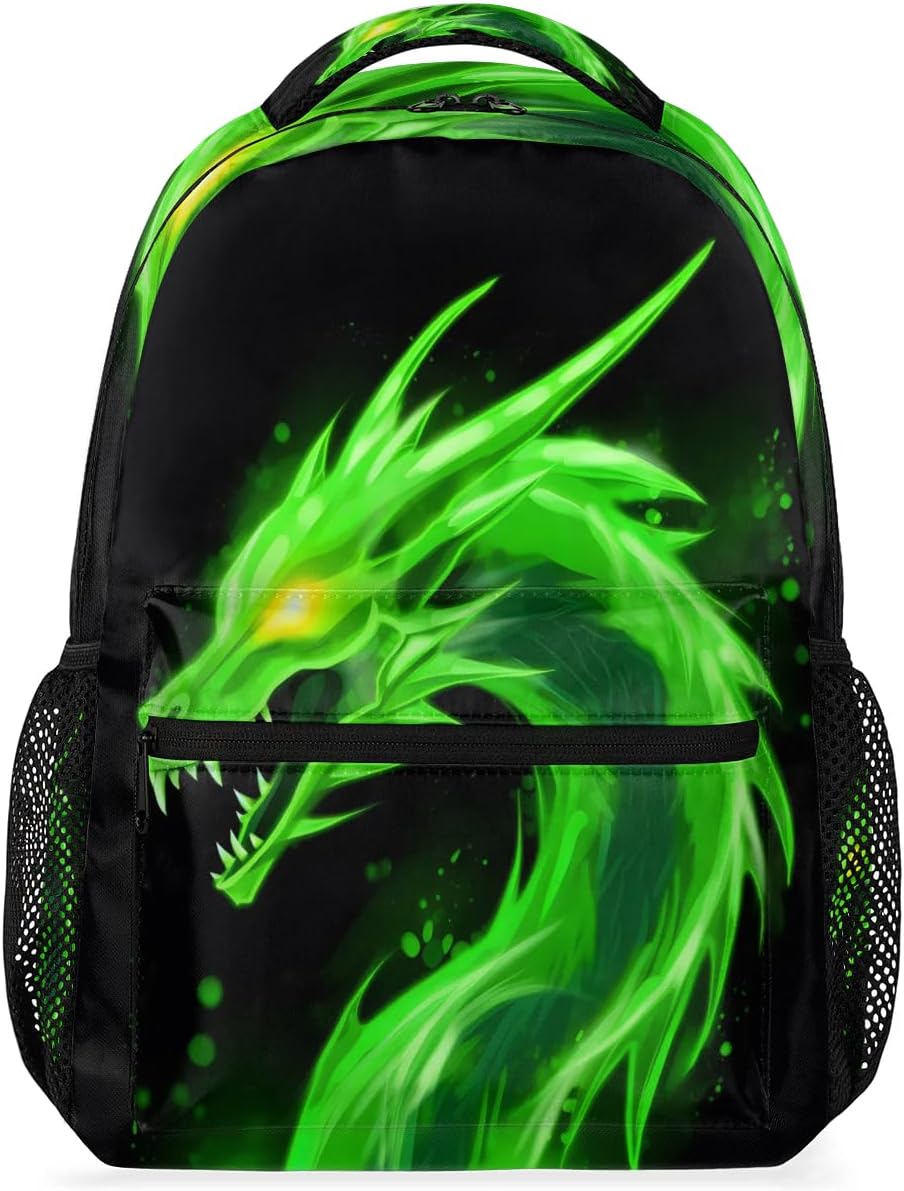 Dubbel-schouder Rugzak met Coole Groen Gloeiende Drakenprint, Grote Capaciteit met Mesh Zijvakken, Ideaal voor Fantasy Liefhebbers