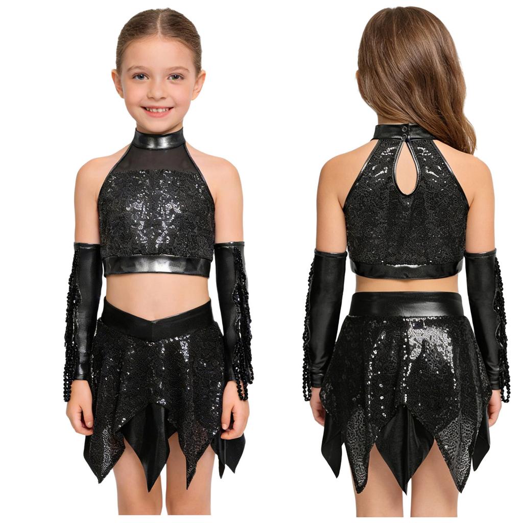 Set di Danza Jazz per Bambine: Crop Top Scintillante con Schiena a Foro, Gonna Metallizzata e Guanti con Frange Scintillanti per il Palco