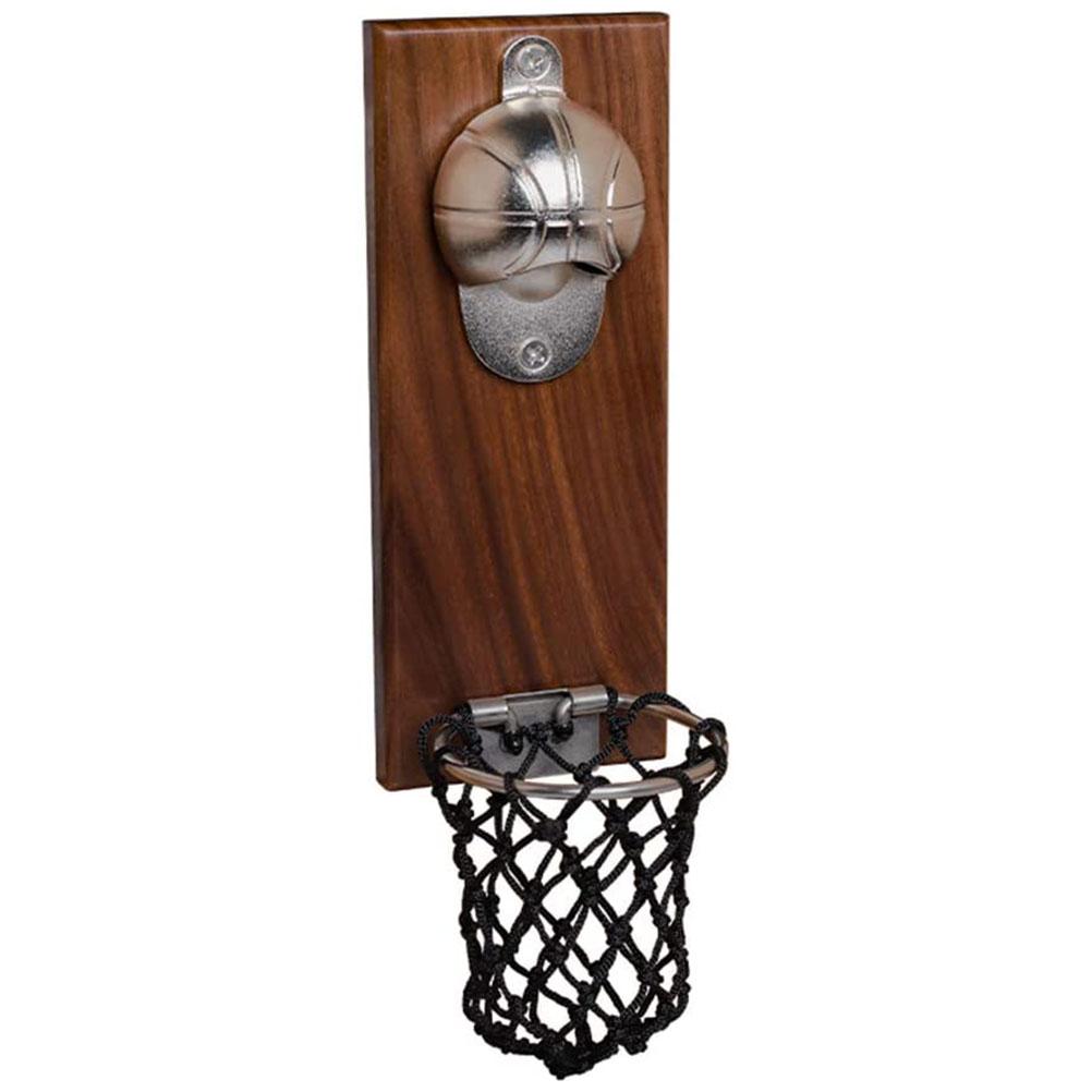 Wall Mounted Bottle Opener with Magnetic Lid Beer Bottle Opener Basketball Wood Pocket Net Fridge Magnet Decor