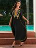 EDOLYNSA Plus Size Schwarz besticktes Kaftan Schwarzes Sommer Langes Strandkleid Damen Homewear Outfit Badeanzug Cover Up Loose Caftan