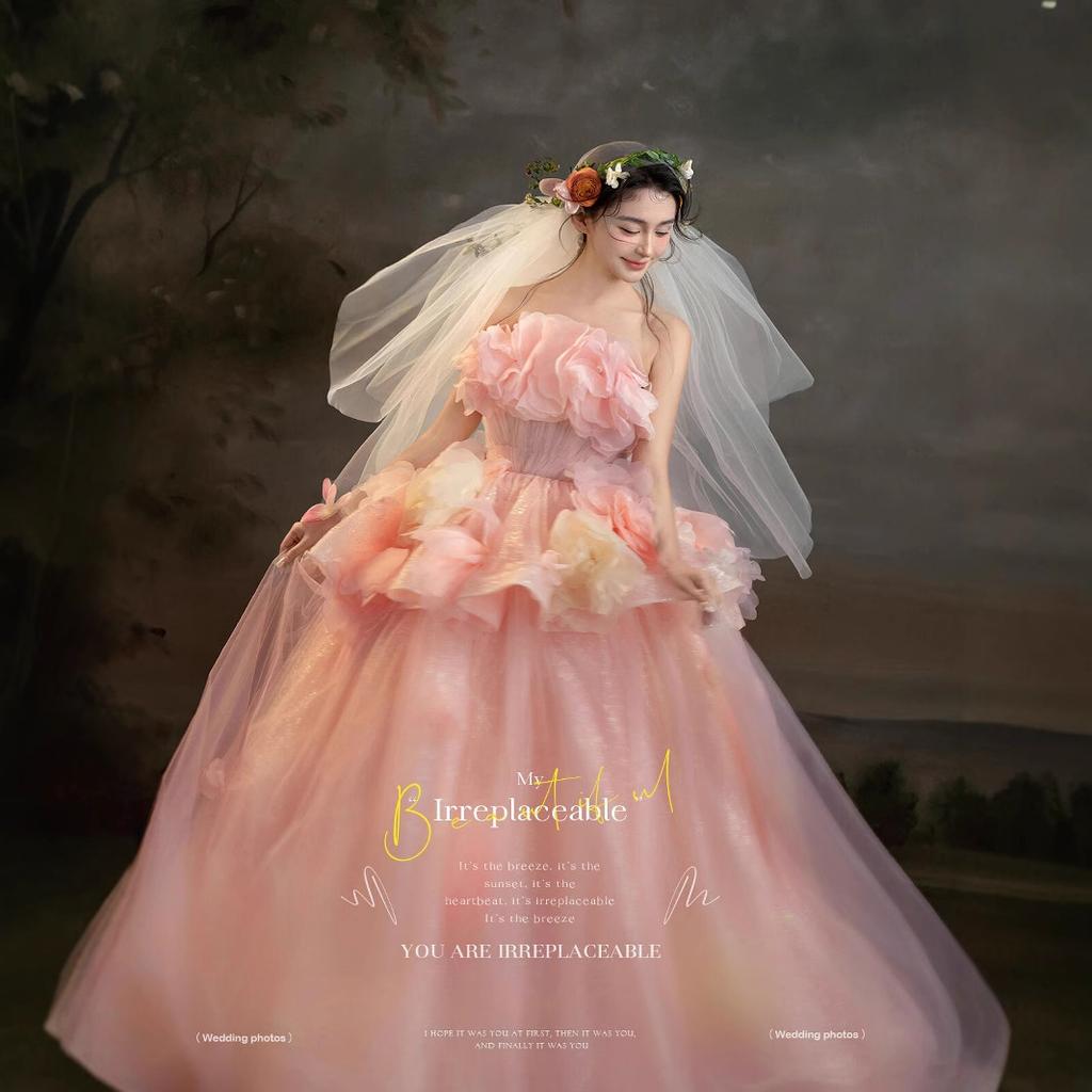Nuevo vestido de novia de alta gama estilo pintura al óleo con flores, vestido color rosa Mori
