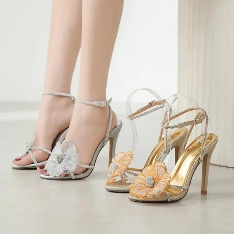 Temperament Rhinestone Embroidered Flower Slim Heel High Womens Sandals Sexy Peep Toe Ankle Strap Wedding Banquet Ladies Shoes