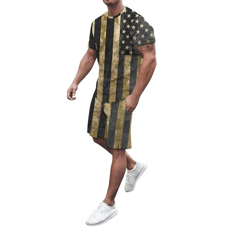 Amerikanische Flagge 3D-Druck Trainingsanzug T-Shirts Shorts Herren T-Shirt Sets USA 2-teilig Streetwear Herren Übergröße Anzüge Sportbekleidung