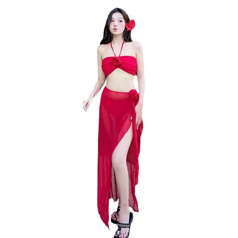 2024 Pure Desire 4-Piece Red Long Sleeve Bikini Set with Skirt - Sexy & Stylish Swimwear for Hot Springs and Vacation