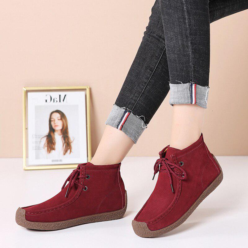 Women Cow Suede Leather Boots Warm Comfort Soft Flat Shoes Lace Up Ladies Martin Short Boots