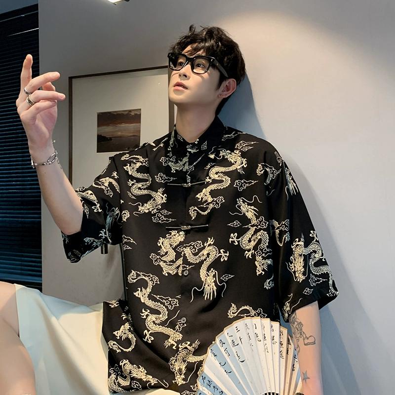 Лето 2024 года, китайское традиционное платье, высококачественная рубашка с вышивкой дракона, мужские рубашки из ледяного шелка с короткими рукавами, красные рубашки в китайском стиле 5XL чёрный