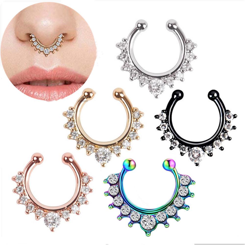 Alloy Diamond Faux Nose Ring Jewelry with No-Hole Clip Design