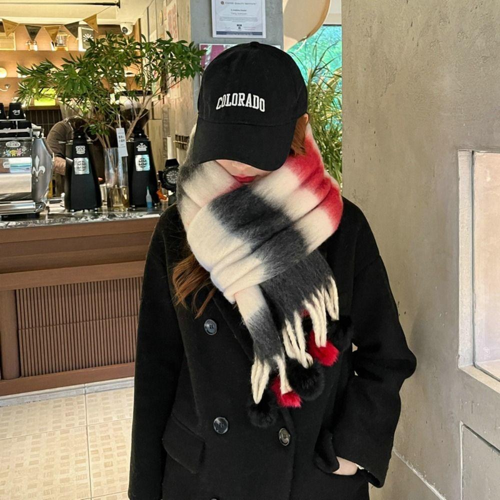Hairball Rainbow Striped Scarf Tassel Mohair Long Shawl Elegant Winter Cashmere Scarves  Women/Men