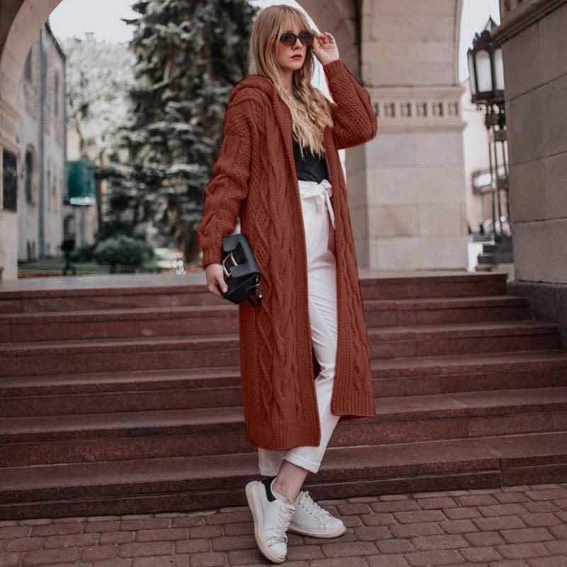 Autumn and Winter New Solid Color Hooded Long Cardigan Sweater Women's Twist Knitted Sweater