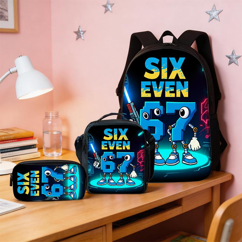 3pcs Cartoon Number 67 Pattern Backpack Set Lightweight Large Capacity School Bag Travel Bag with Shoulder Bag Pencil Bags Gift