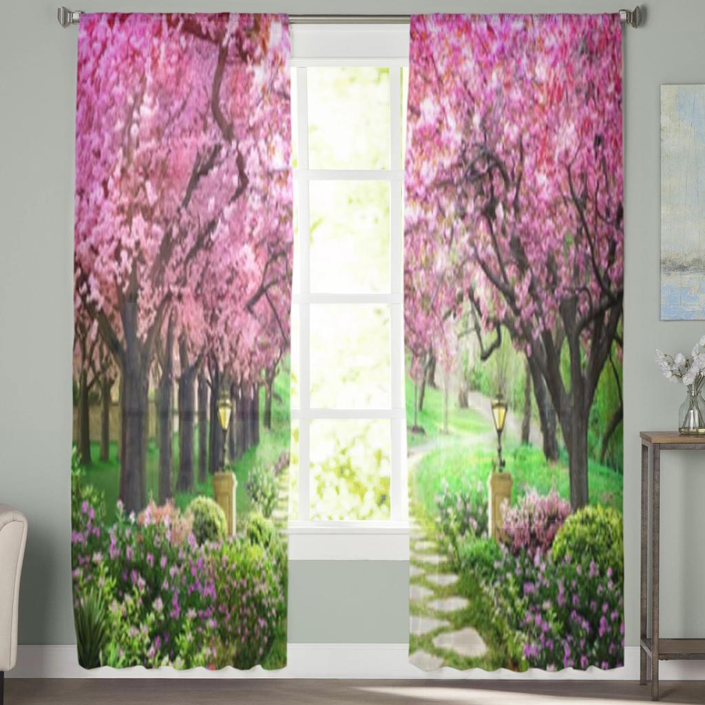 Pink Tree Beautiful Forest Sheer Curtains For Living Room Window Transparent Voile Tulle Curtain Bedroom Drapes Home Decor