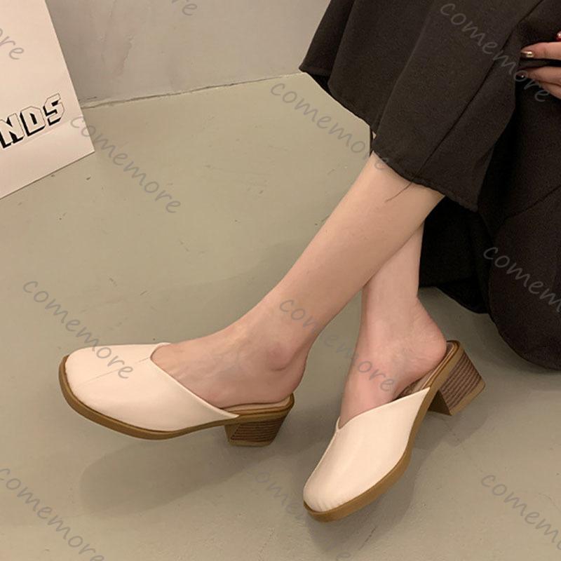 Fashion Comemore Woman Women Slip On Mules Baotou Slippers Casual Spring Summer Chunky High Heels Square Toe Solid Half Slipper Sandal