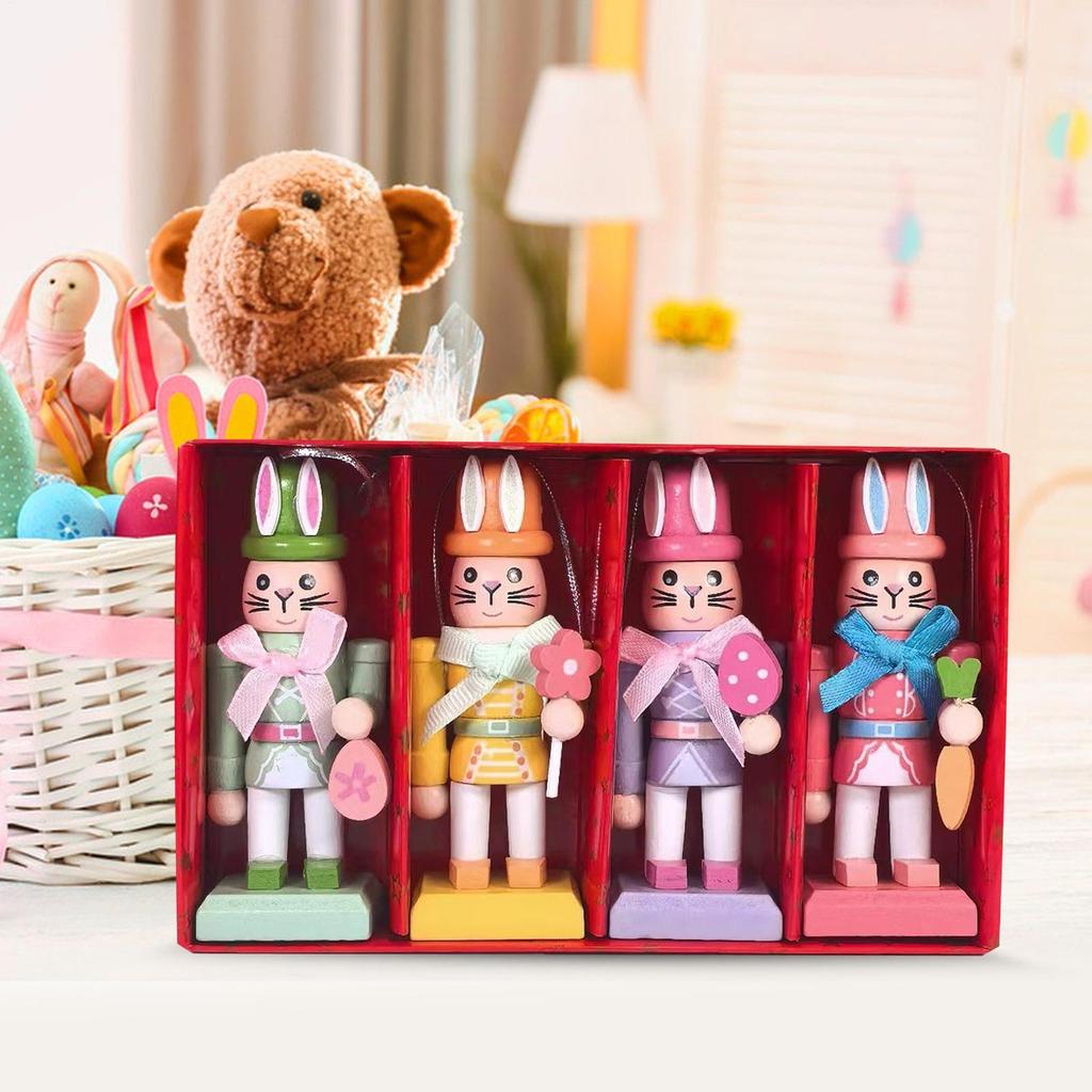 4 Pieces Easter Bunny Nutcracker 10cm Cute Little Rabbit Pendant Decorative Wooden Easter Rabbit Tabletop Ornaments