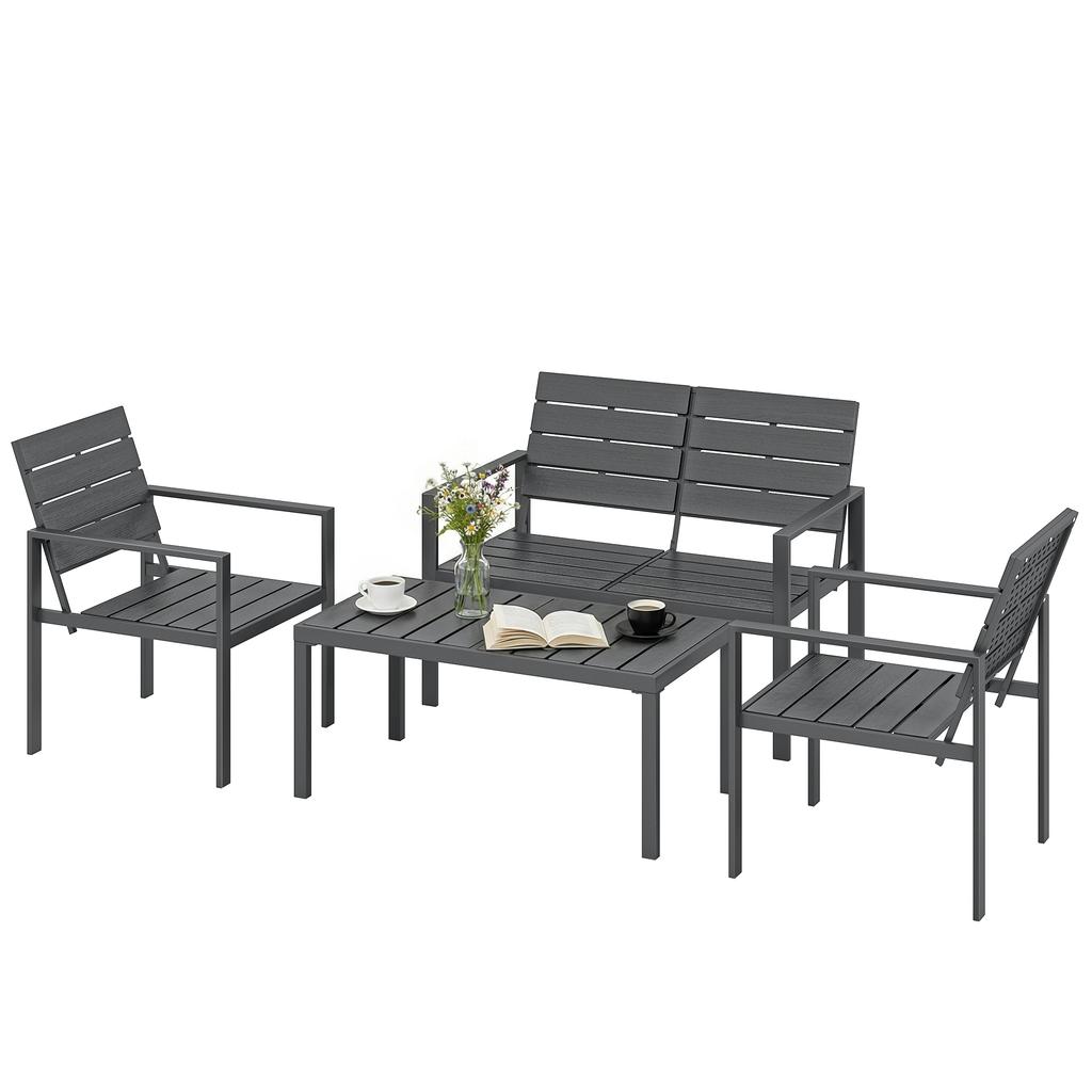 4 Piece Garden Furniture Set, Outdoor Sofa Set with HDPE Slatted Loveseat Armchairs Coffee Table Metal Frame, Dark Grey