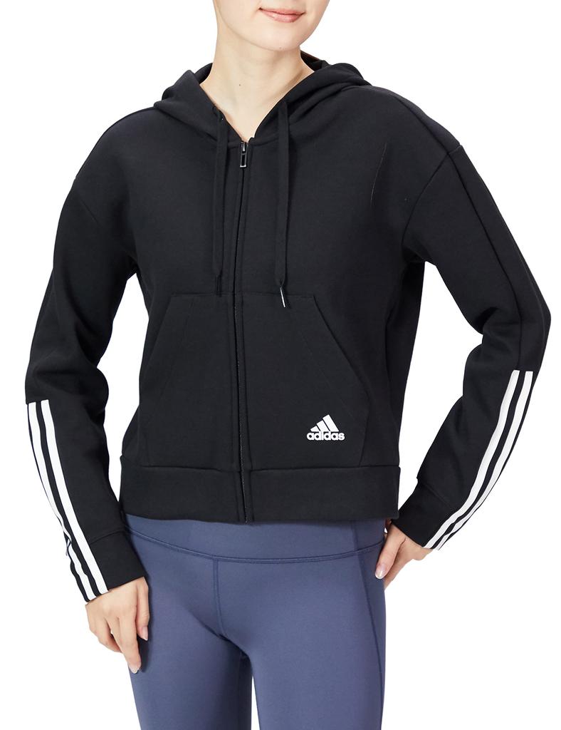 Adidas Essentials Hoodie AS773 XOT Loose-Cut 3-Stripes Full-Zip Women's Black/White (GS1380)