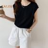 Women Summer T-shirt Round Neck Cap Sleeve Solid Color Tee Shirt Solid Color Loose Fit Casual Tops Daily Wear