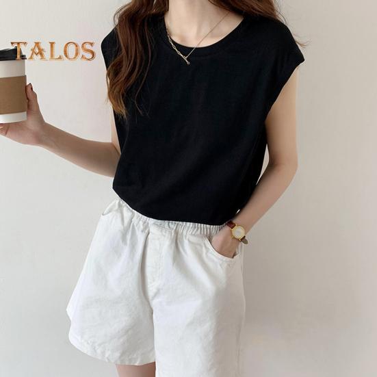 Women Summer T-shirt Round Neck Cap Sleeve Solid Color Tee Shirt Solid Color Loose Fit Casual Tops Daily Wear