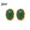 Hypoallergenic Feel Earrings 1 Pair Vintage Oval Stud for Women Retro Statement Textured Carved Gold Plated Gemstone Earrings Frame Chunky