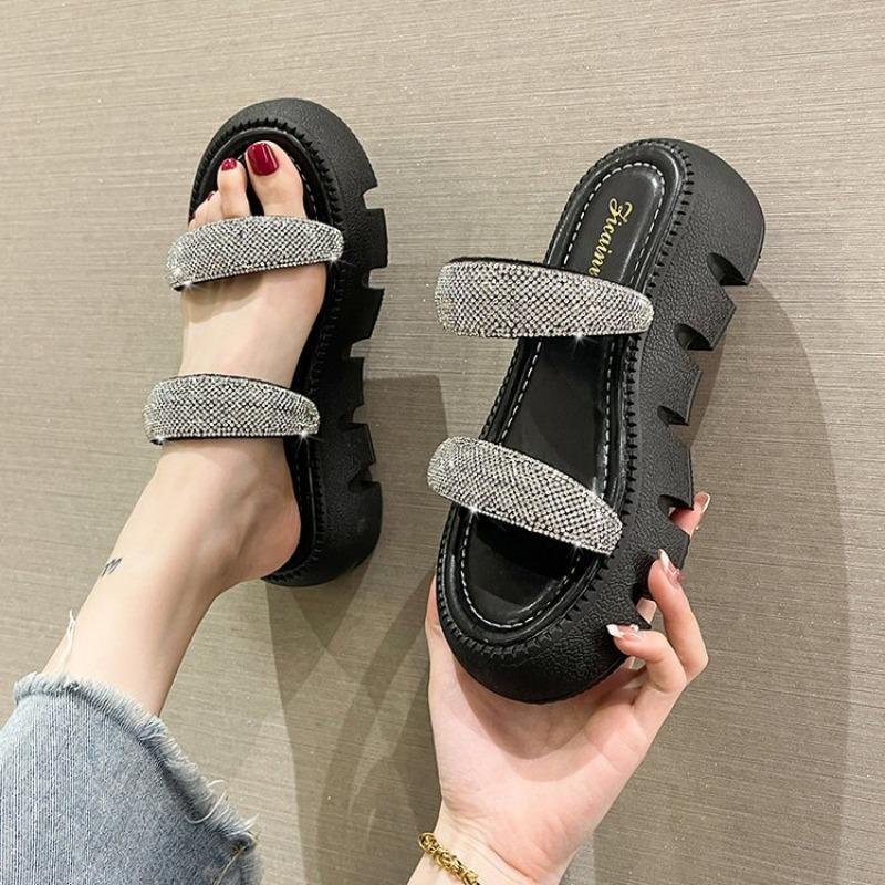 Summer new fashionable bright diamond cool slippers wearing candy-colored muffin platform sandals women's casual one-word drag