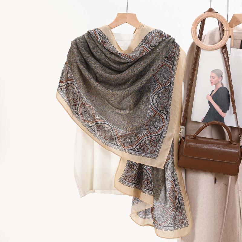 Retro chain women's printed scarf fashionable versatile cotton and linen feel long yarn summer sunscreen