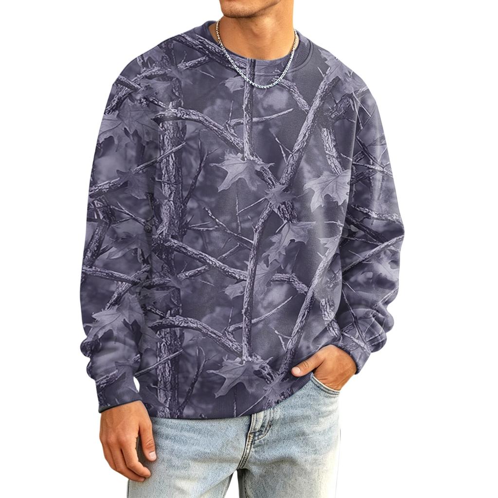 Men's Casual Long Sleeve Camouflage Print Round Neck T-Shirt Loose Fit for Everyday Wear