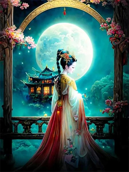 Chińskie Starożytne Kobiety Plakaty i Druki Pejzaż Księżycowy Abstrakcyjny Obraz na Płótnie Sztuka Ścienna Fantazyjne Obrazy Salon Dekoracja Domu