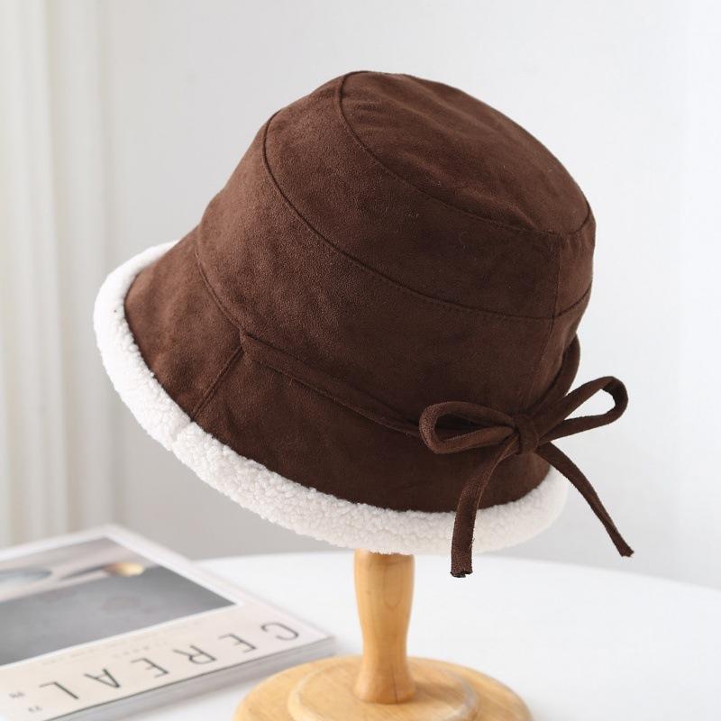 Vintage Suede Bucket Hats Women Winter Thickened Fleece-lined Warm Lamb Fleece Fisherman Hat Outdoor Ski Riding Basin Hat