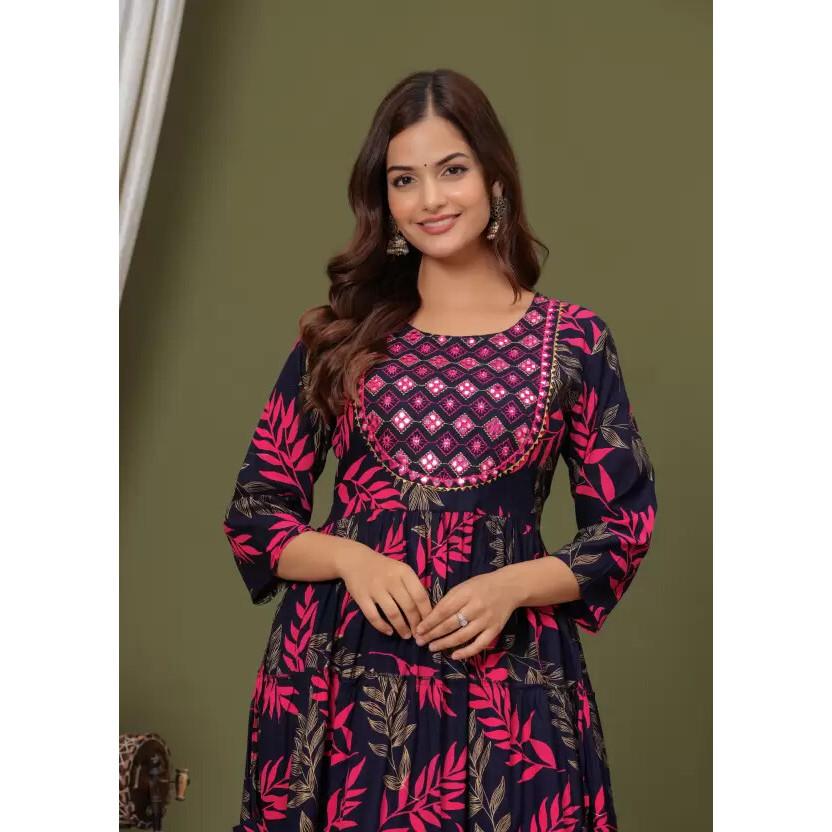 Women Embroidered Rayon Anarkali Kurta Designer Party Wear Top Tunic Kurti Gown SC-21001d