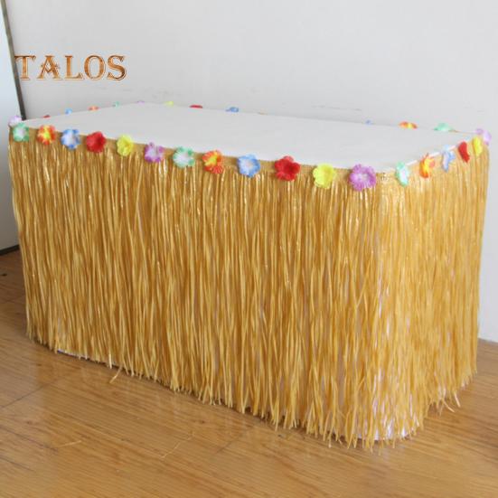 Hawaiian Party Table Skirt Waterproof Tropical Luau Party Colorful Flower Grass Tassels Table Skirt Summer Beach Themed Aloha Party Decoration Party
