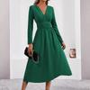 Women's Fashionable Solid Color V-neck Long Sleeved Pleated Long Dress