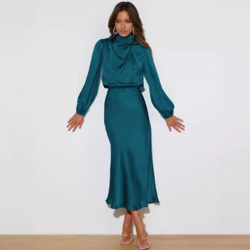 Sommer neues High-End Satin Langarm Promi Temperament Elegantes Damen Abendkleid Kleid