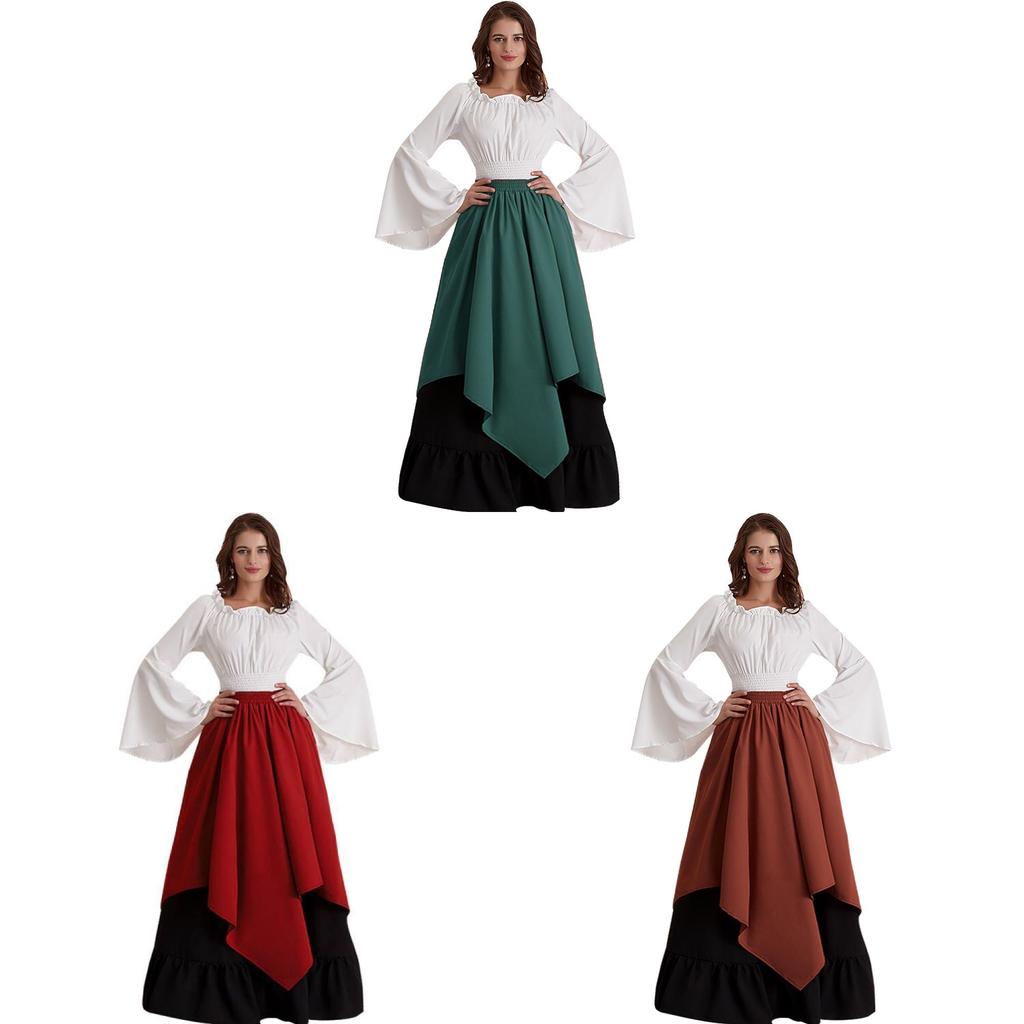 Europäisches Mittelalterliches Damen Halloween Cosplay Kleid Renaissance-Zeit Kostüm Zweiteiliges Set Blau Rot Grün Braun