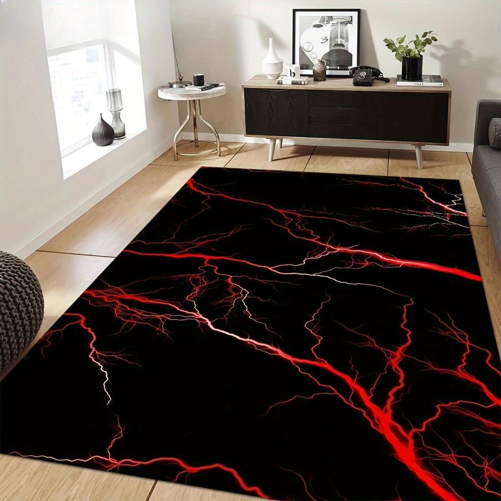 Lightning Polyester Mat, Black Red Design, Machine Washable Non Slip, Soft Fluff Floor Rug, Large Durable Living Room Decor
