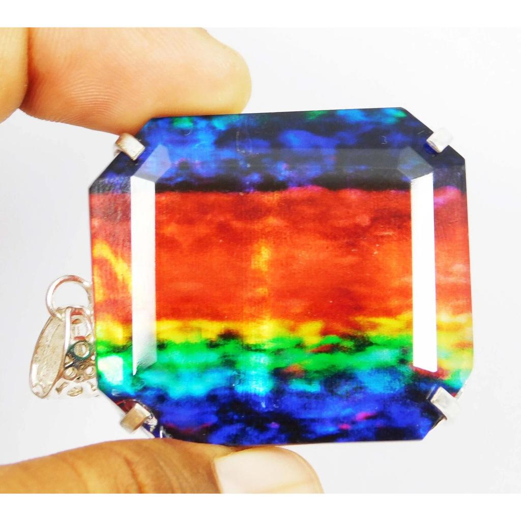 CERTIFIED 141 Ct Natural Ammolite Pendant 925 Solid Silver Emerald Cut Gemstone