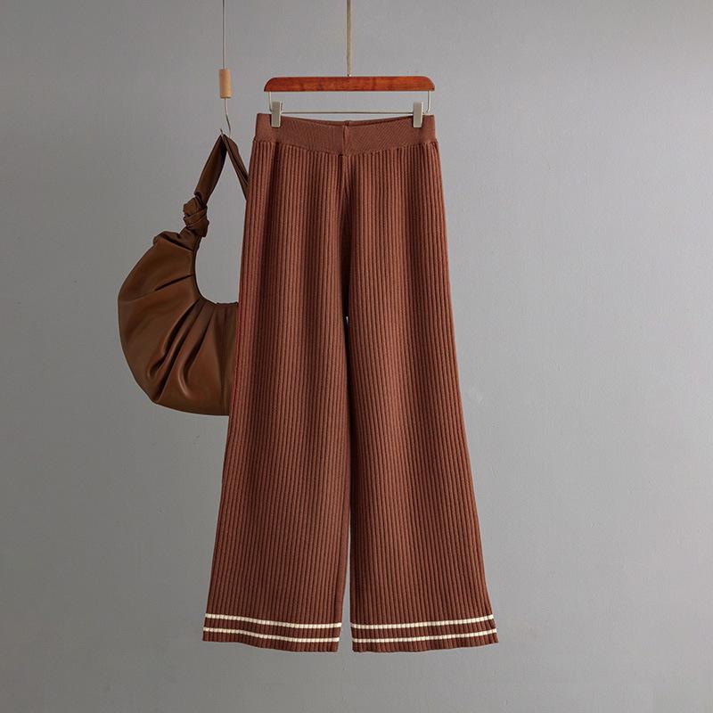 Fall Winter Lazy Wind Loose High Collar Pulllover Sweater Suit Women's Stripe Long Sleeve Knit Wide Leg Pants Two Piece Set