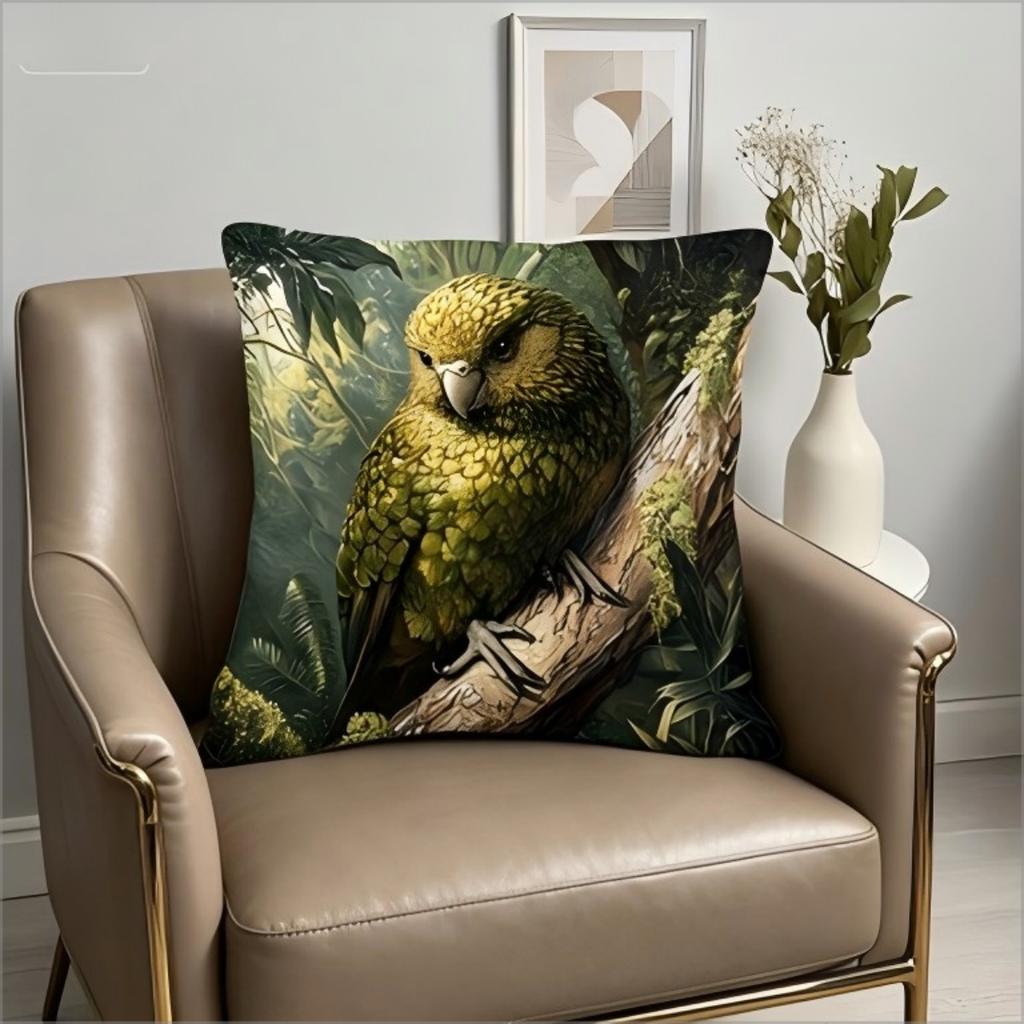 Kakapo Parrot Wildlife Print Throw Pillow Cover, Tropical Rainforest Bird Art Decorative Cushion For Living Room Bedroom Couch