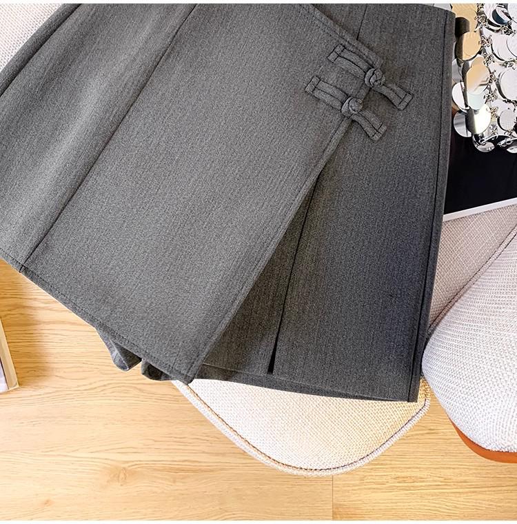 Gray Buttoned A-Line Skirt with Slit - Women's Spring/Summer Chinese Style Hip-Wrapped Skirt