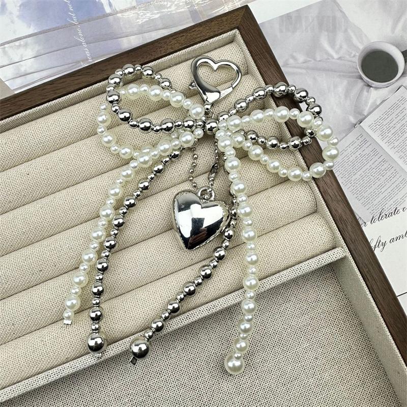 Double-layer Sweet Lovely Beaded Bowknot Heart Keychain Pendant Hanging Decor Keyring Lanyard Phone Charm Bag Pendant Supplies