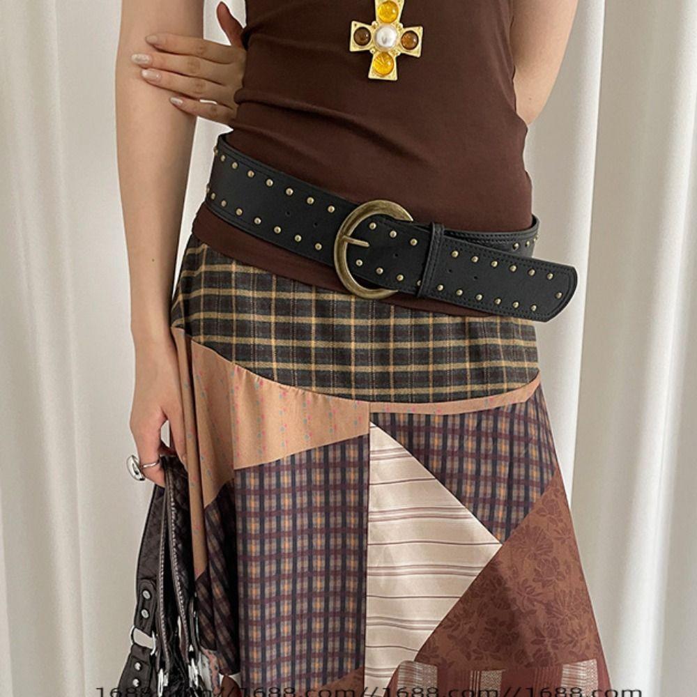 Rivet Leather Waistband Metal Buckle Western Cowboy Belt Adjustable Women Wide Belt  Girl