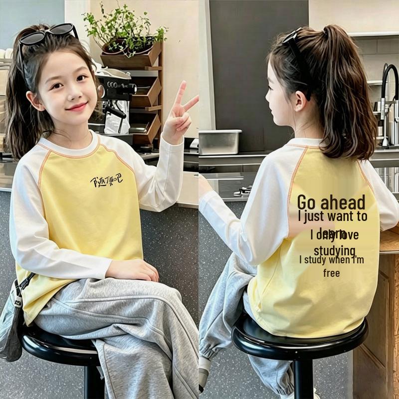Korean Style Girls' Color Block Long Sleeve T-shirt, 2026 Spring/Autumn, Medium & Large Sizes, Casual Pure Cotton Base Layer