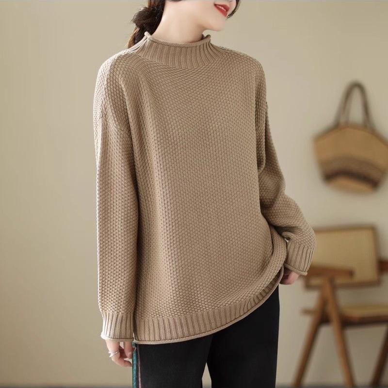 Women's Loose Stand Collar Sweater Autumn Winter Vintage Soft Skin-Friendly Solid Color Sweater