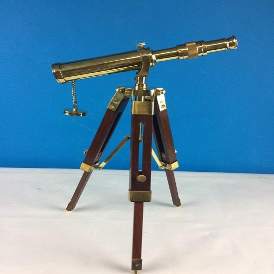 Handmade Traditional Telescope Brass Height 30 Cm with Wooden Stand Lens Lid Modern