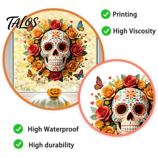 Halloween Skull Window Clings Day of The Dead Flower Static Sticker, Colorful Mexican Floral Glass Indoor Outdoor Festive Art Decal, Waterproof