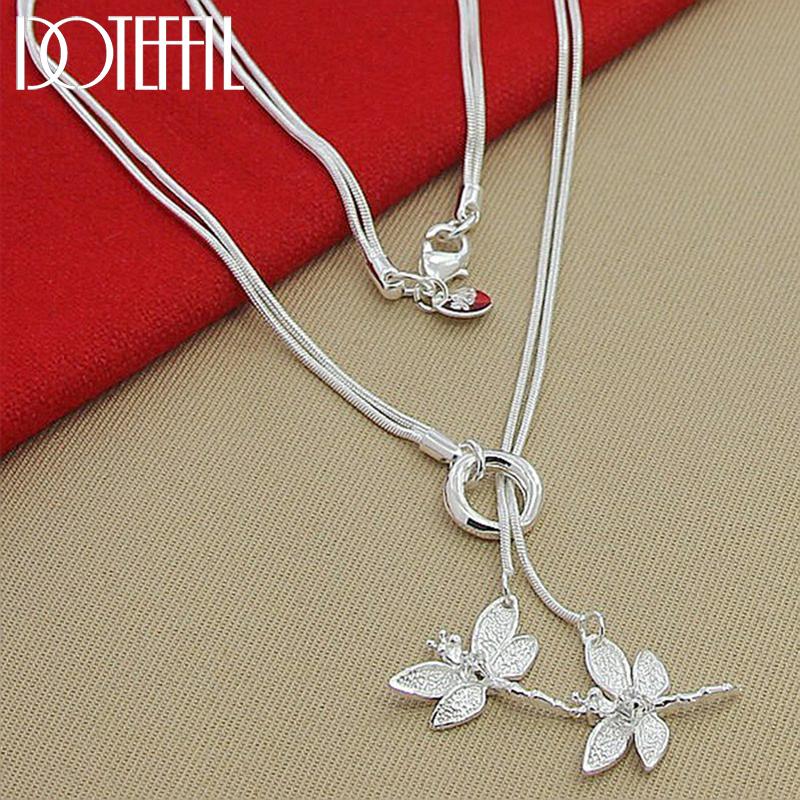 

DOTEFFIL 925 Silver Two Dragonfly Pendant Necklace For Women Snake Chain Necklace Wedding Engagement Jewelry 45cm