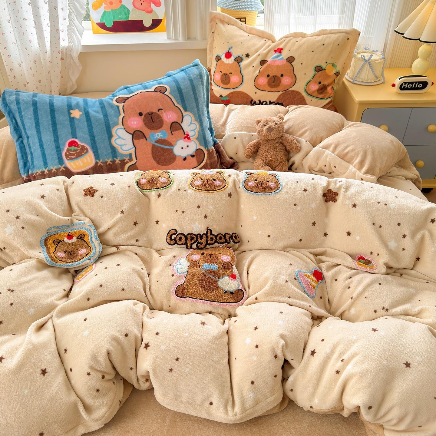 

Cute Cartoon Towel Embroidery Bed Four-Piece Set Thickened Milk Fleece Quilt Cover Bed Sheet Three-Piece Set 3pcof sheets 150x200 quilt